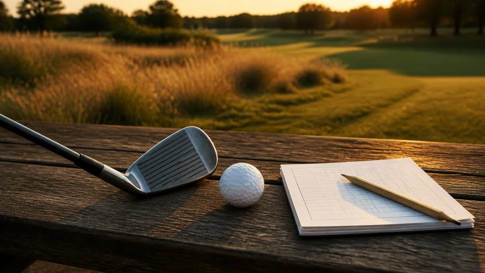 A club head, golf ball and scorecard resting on a course bench at golden hour