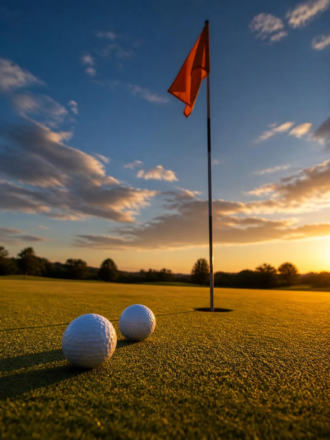 Golf hole with an orange flag and two golf balls on a green at golden hour