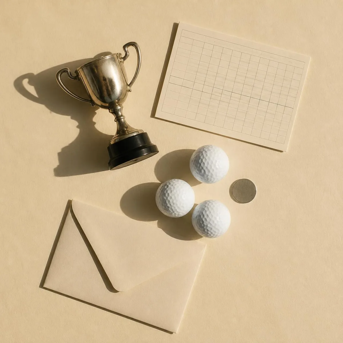 Trophy, scorecard, golf balls, ball marker and an envelope laid out on cream paper