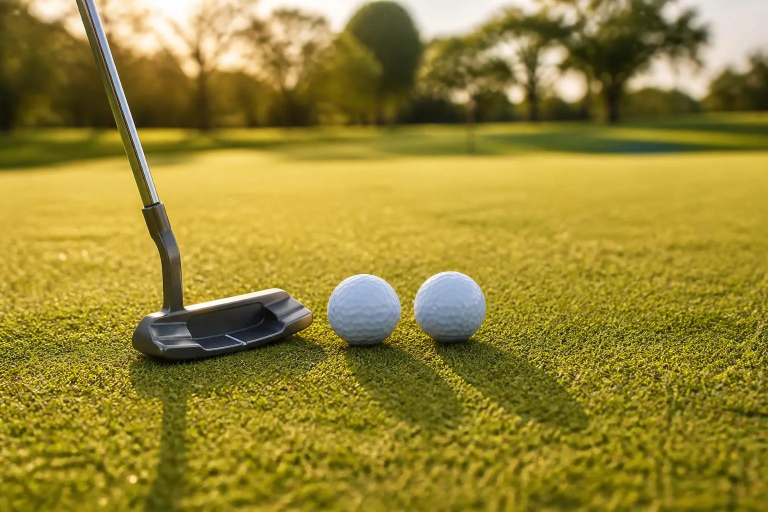 Two golf balls resting beside a putter on a green